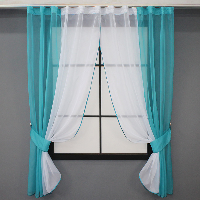 Кухонные шторы VR-Textil № 017к комбинированные с подвязками лазурный с белым 265х170 см (52-0676) Киев - изображение 1