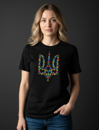 Жіноча Патріотична футболка вишита гладдю квітковий тризуб Київ