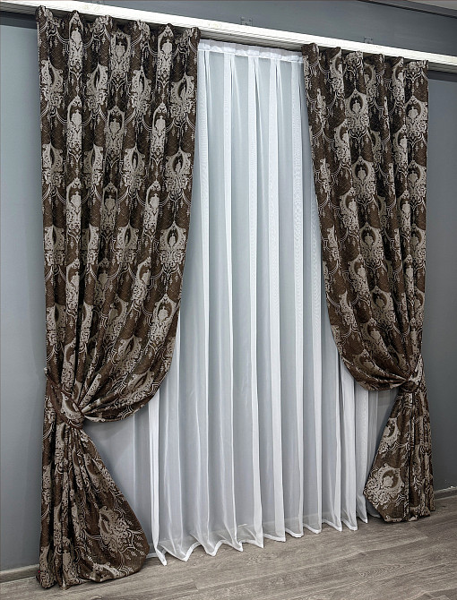 Комплект готовых штор VR-Textil Парча № 1773ш Венге с молочным 155х290 см 2 шт (33-0735) Киев - изображение 3