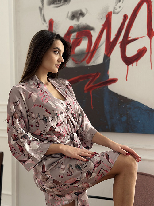 Шелковый халат женский Цветочный принт Бежевый XS/S Харьков - изображение 2