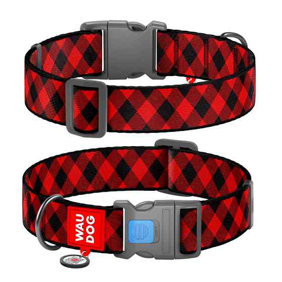 Нашийник для собак нейлоновий WAUDOG Nylon з QR паспортом, малюнок "Шотландка червона", пластиковий фастекс, Вінниця
