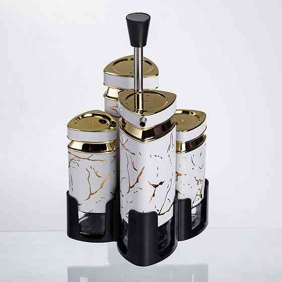 Yiwu Набір баночок для спецій і рідких текстур 4 предмети на підставці білий мармур HP-1331 Коломыя