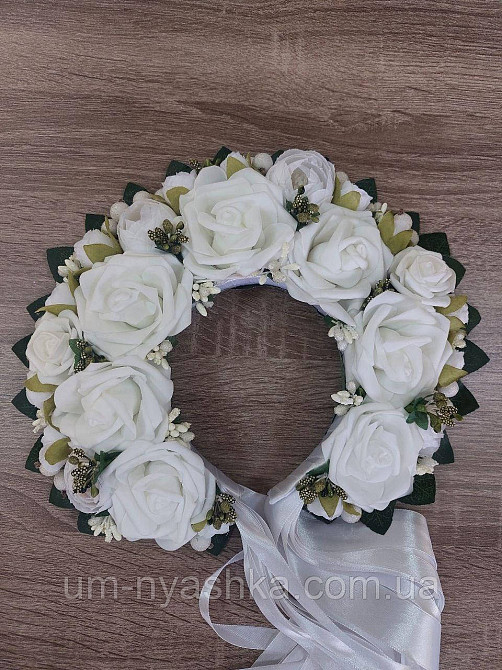Білий віночок Ободок обруч з квітами "Сценічний білий" зі стрічками Кривий Ріг - фото 5