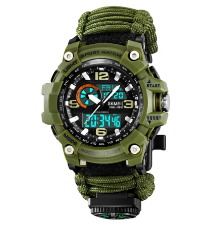 Годинник чоловічий спортивний наручний Skmei 1283 з паракордовим ремінцем (Зелений) Київ