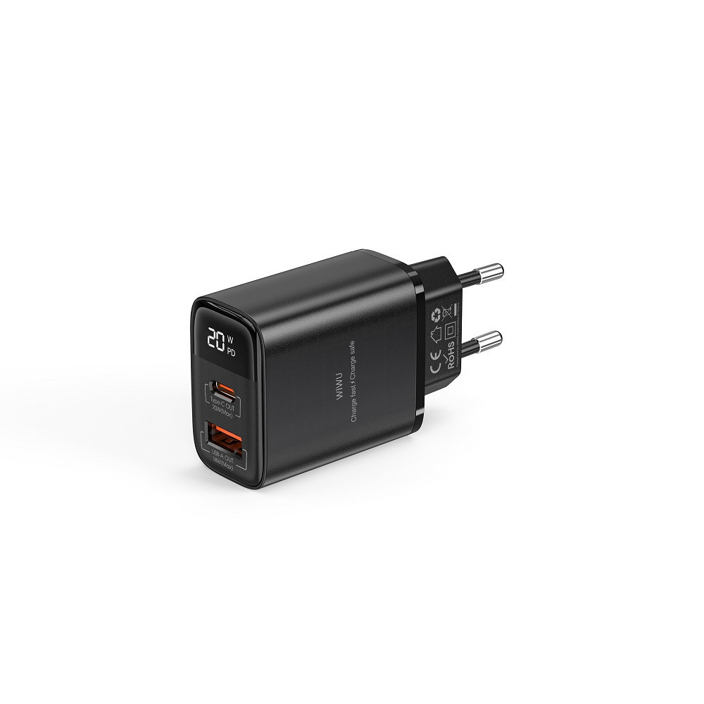 Сетевое зарядное устройство WIWU 20W Firefly GaN Fast Charger 1A+1C with digital display Wi-G009 EU Black Одесса - изображение 4