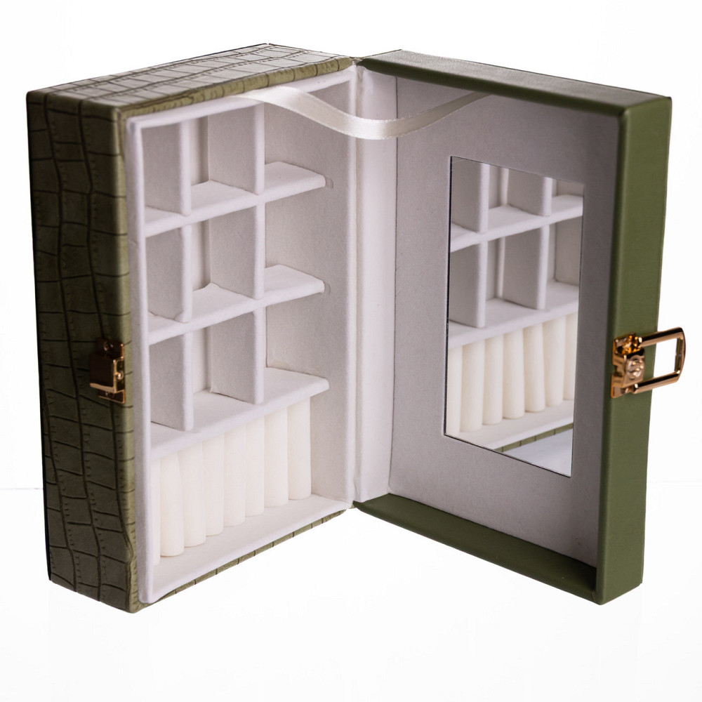 Скринька для прикрас з еко шкіри 10 відділень з дзеркалом 20×14×8 см Зелений HP-5-19GR Київ - фото 4