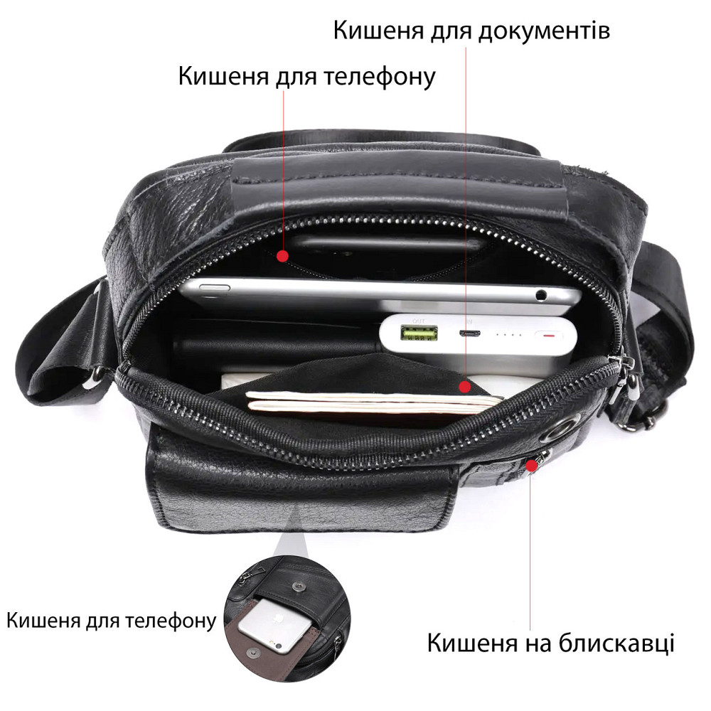 Вертикальная мужская сумка в плотной коже Черная (Vintage) Киев - изображение 8