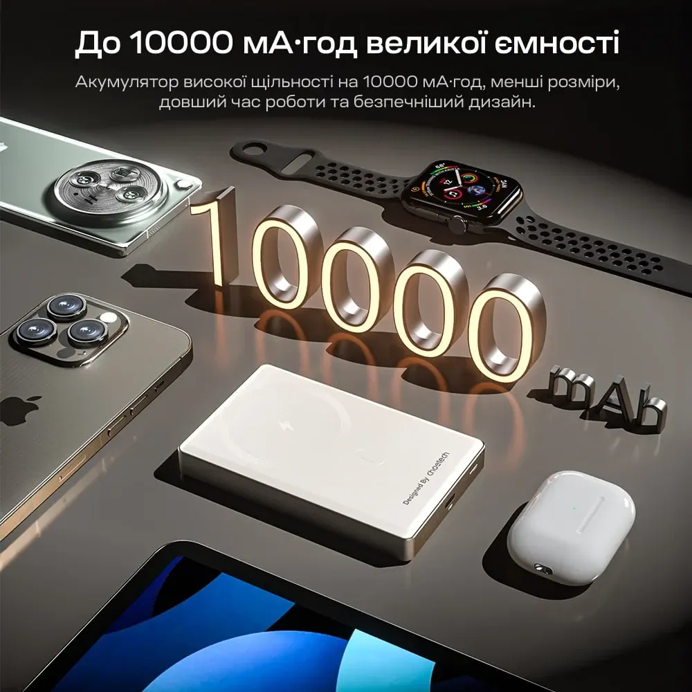 Повербанк 10000mAh Choetech B739 Silver QC3.0 PD3.0 бездротова магнітна зарядка (43-00152) Київ - фото 16