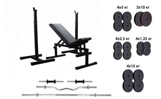 Скамья и стойки + 4 грифа + 115 кг дисков Гантели, гири, штанги и диски АВС пластик комплект Киев