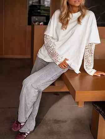 Женский стильный оверсайз лонгслив с гипюровыми рукавами турецкий кулир Одесса