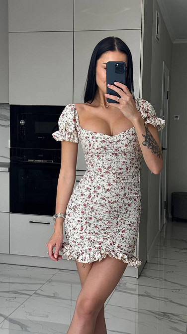 Женское легкое романтичное мини платье в цветочный принт софт 44/46, Беж Одесса - изображение 5