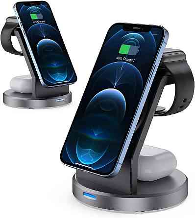 Магнітна зарядна док-станція СтенД 3в1 W11AP-23W Lightning для телефона годинника та навушників Чорний Вінниця