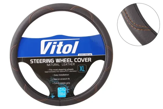 Оплітка на кермо XL Vitol F-16113-XL чорний під шкіру (коричнева нитка) Вінниця