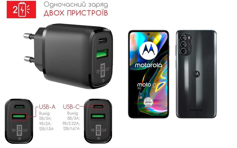 Сетевое зарядное устройство для Motorola Moto G82, 20W 3A, Quick Charge 3.0 Киев - изображение 1