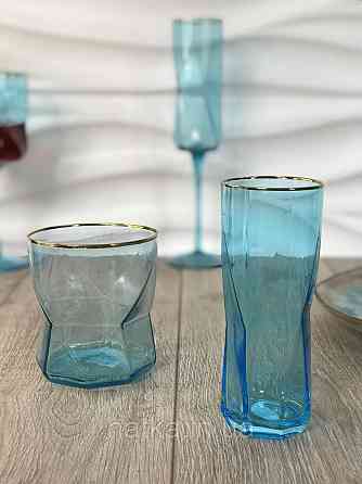 Стакан для віскі соку "Блакита Геометрія" 360 мл блакитний із золотим мішком Київ