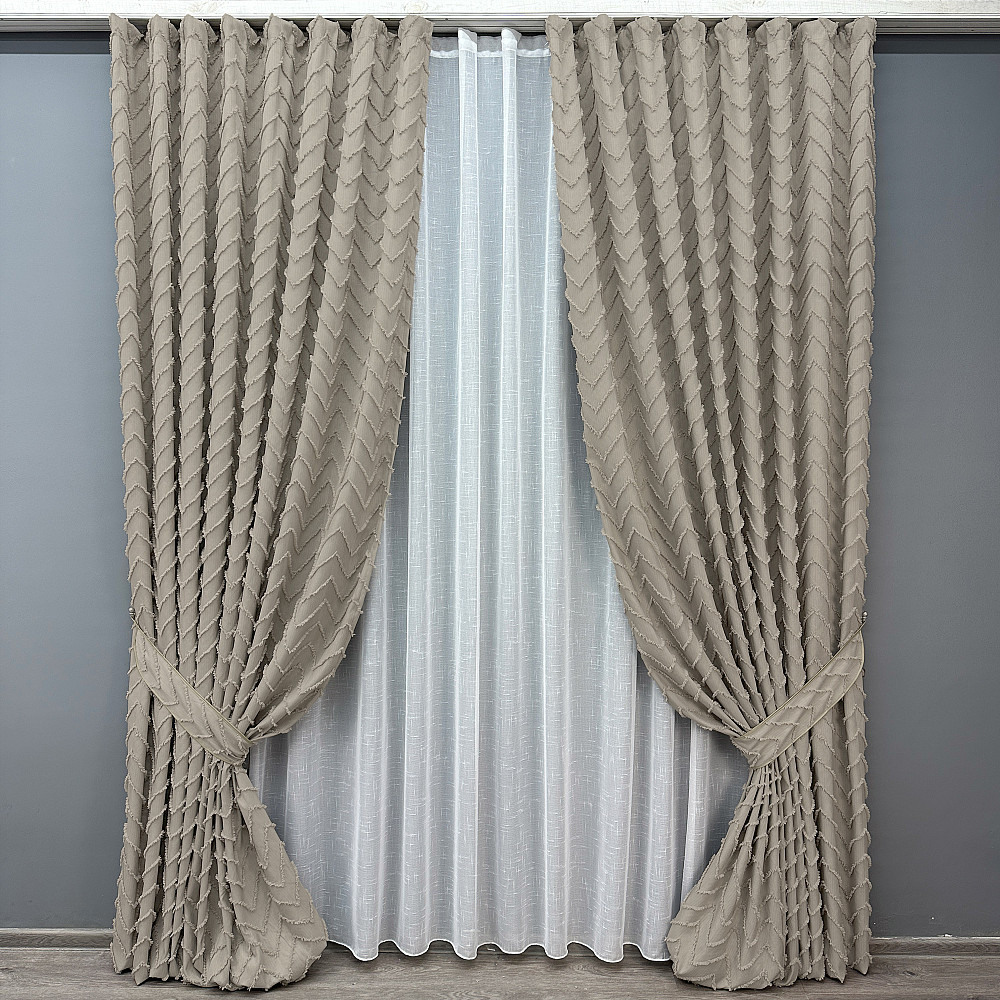 Комплект штор VR-Textil Лен Букле 100х270 2шт и Тюль 300х270 1809ш-115т Тауп с белым 71-043/1 Киев - изображение 1