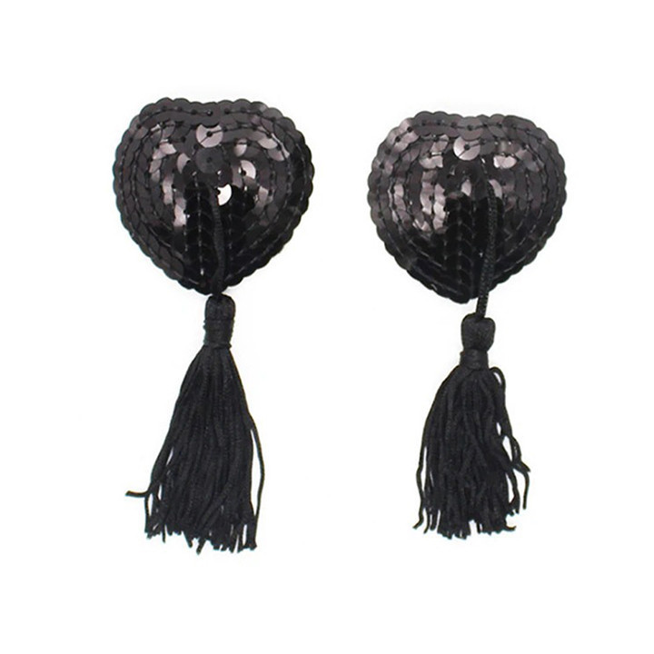 Наклейки для сосков Hearts с пайетками и кисточками - Чёрный – Эротическое бельё Винница - изображение 2