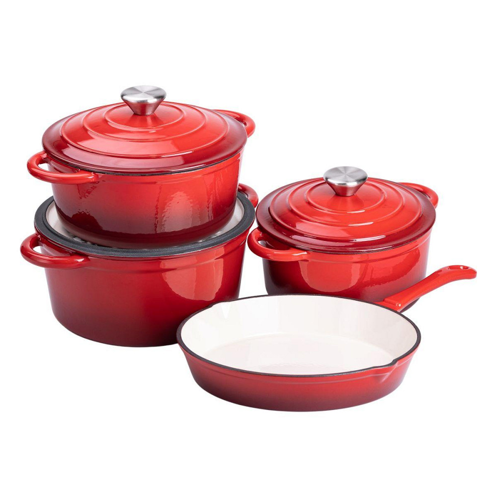 Набор чугунной посуды для приготовления 3 кастрюли и сковорода с эмалированным покрытием Красный HP-1-4 Киев - изображение 1