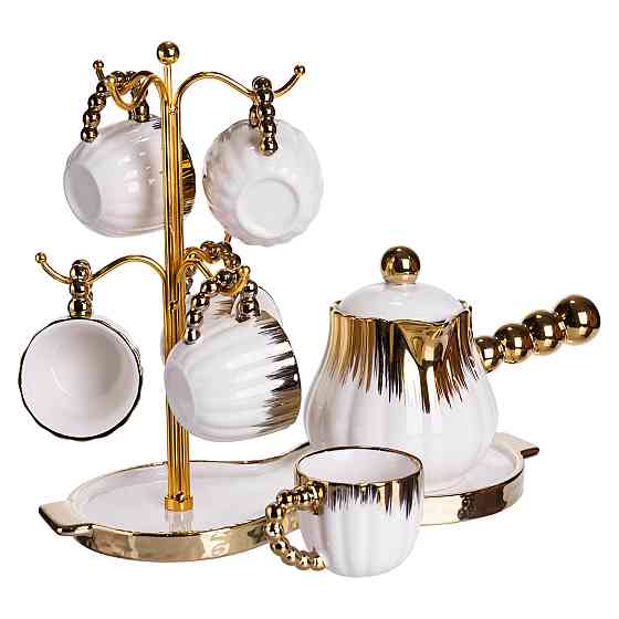Кавовий сервіз на підставці з туркою 450 (мл) 6 чашок по 90 (мл) подарунковий набір чашок на підставці Білий із золотом FM-JJ-5 Коломия