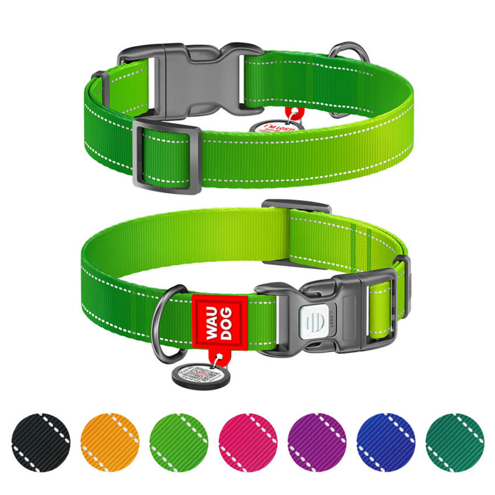 Ошейник для собак нейлоновый WAUDOG Nylon Mono с QR паспортом, светоотражающий, пластиковый фастекс, XL, Ш 25 мм, Длин 37-58 см салатовый Киев - изображение 1