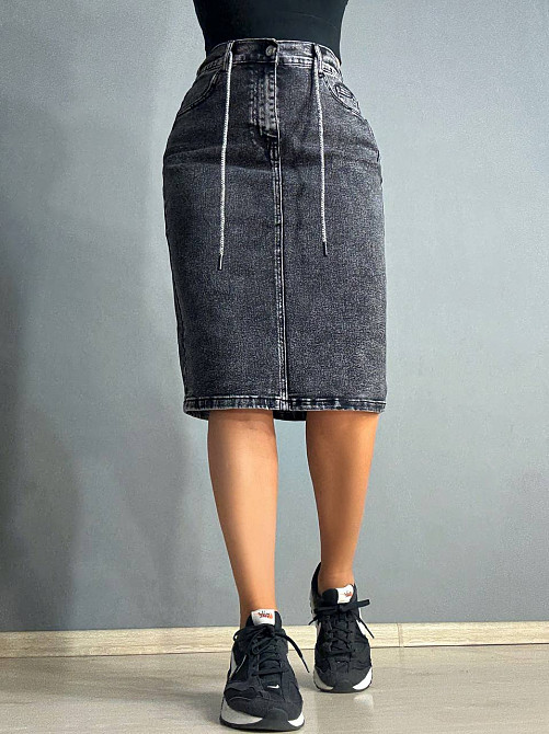 Спідниця жіноча джинсова Vanver 82038 резинка шнурок з розрізом варена міді чорна, чорний, З2, 32, 87 см, 110 см Київ - фото 19