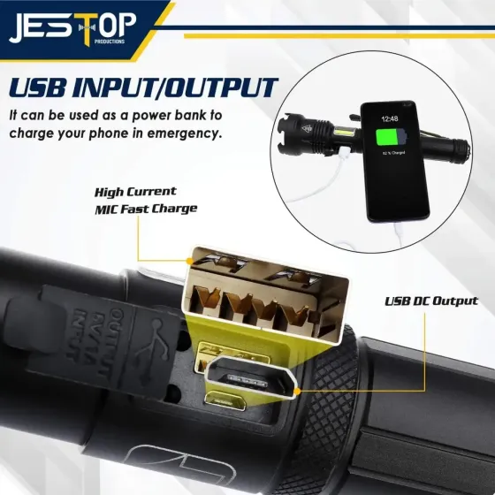 Потужний тактичний ліхтар JESTOP XHP99 + COB, 90 000 люмен, Zoom, Power Bank, USB-акумуляторний Київ