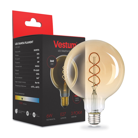 Філаментна лампа Vestum "вінтаж" golden twist G95 Е27 6Вт 220V 2500К 1-VS-2507 Київ