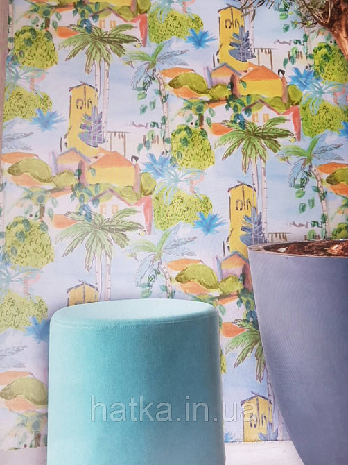 Шпалери вінілові Decoprint Breeze 0.53х10 м акварель дерева пальми будинку яскраві блакитні жовті червоні Київ - фото 1
