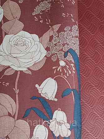 Шпалери вінілові Lutece Melody 51197010 квіти листя рожеві білі сині на бордовому тлі Київ