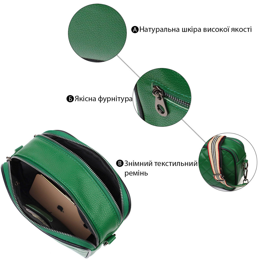 Женская прямоугольная сумка кросс-боди из натуральной кожи 22113 Vintage Зеленая Киев - изображение 4