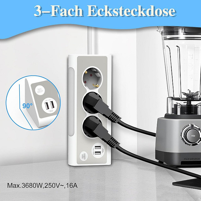 Удлинитель розетка угловая 1.5 м, 3 евророзетки, 2 USB, LED-ночник нержавеющая панель защита от пере Киев - изображение 2