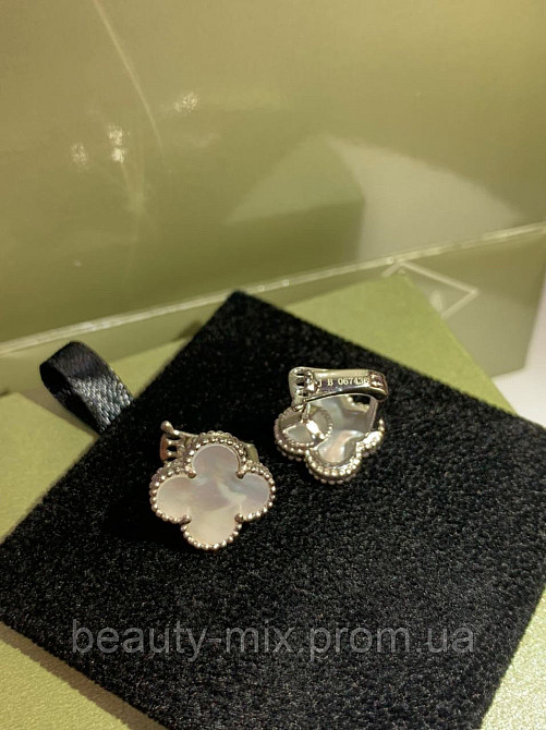Серьги клевер Van Cleef серебро 925, натуральный перламутр, английский замок / Сережки на английском замочке Одесса - изображение 1