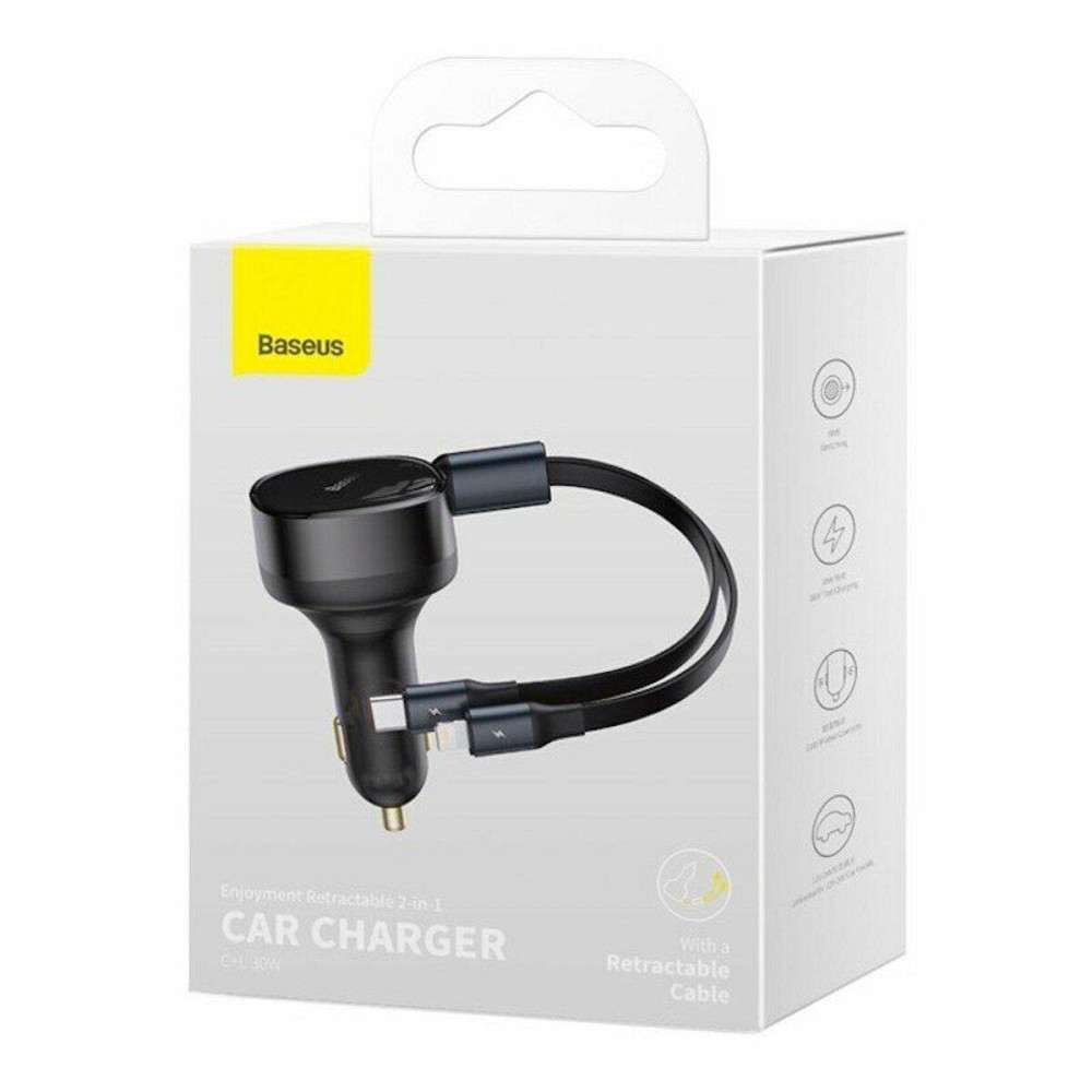 Автомобільний зарядний пристрій Baseus Enjoyment Retractable 2-in-1 Car Charger C+L 30W Black Ковель - фото 2