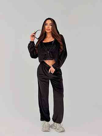 Жіночий стильний повсякденний велюровий костюм-трійка Чорний, 46/48 Одеса