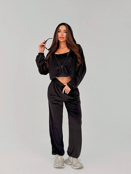 Жіночий стильний повсякденний велюровий костюм-трійка Чорний, 46/48 Одеса - фото 6