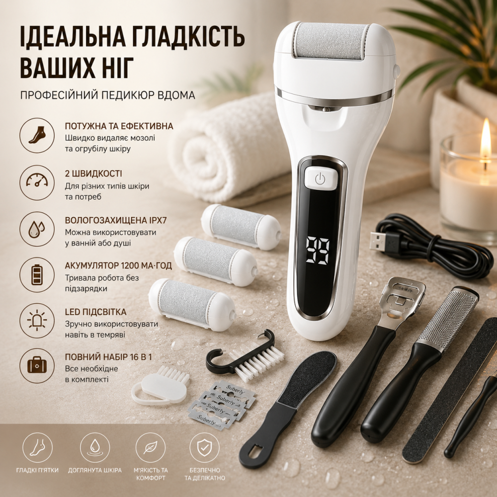 Електрична пемза для ніг OEM T001, акумуляторна роликова пилка 3W, 2 швидкості, LED, водонепроникна, набір для педикюру Київ - фото 8