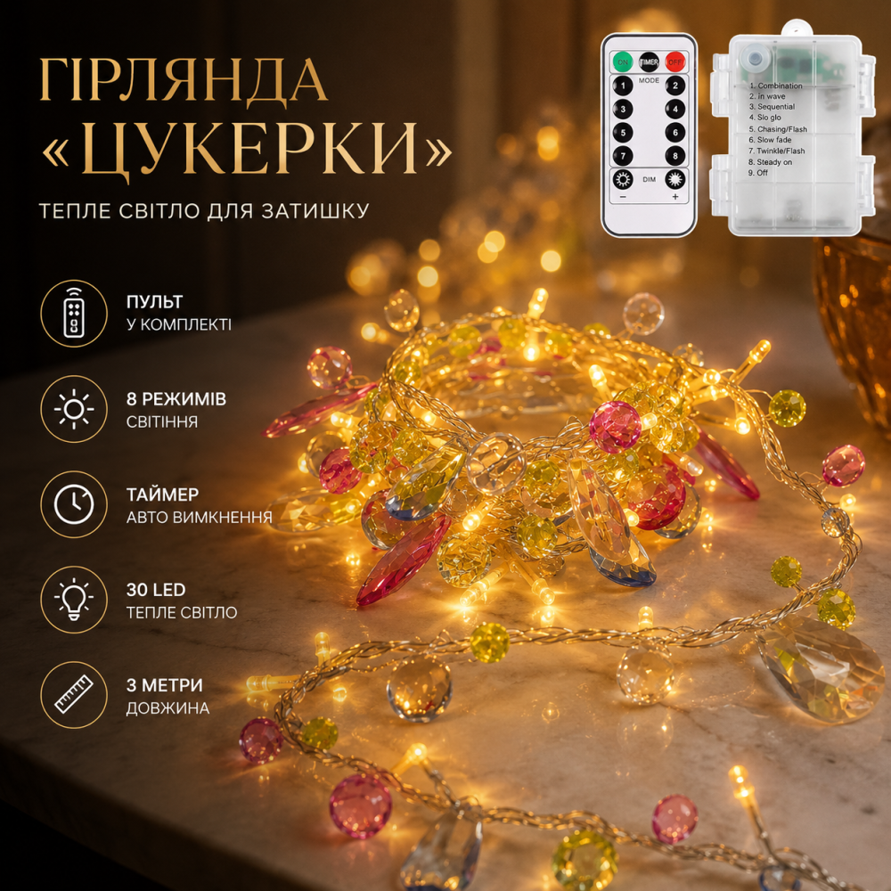 Гірлянда «Цукерки» з пультом, 3 м, 30 LED, тепле світло, 8 режимів та таймер, богемний стиль для затишного декору Київ - фото 8