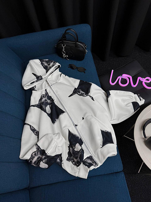 Жіноче тепле оверсайз худі на блискавці з доберманами трьохнитка на флісі Одеса - фото 4