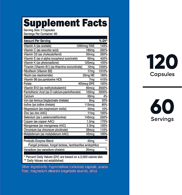 Мультивитамины с пробиотиками, энзимами и антиоксидантами Nutricost Multivitamin 120 Capsules Луцк - изображение 4