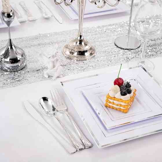 Набор тарелок пластиковых 12 шт,десертные 16.5 см и обеденные 24 см,квадратные с серебристым контуром Каменец-Подольский