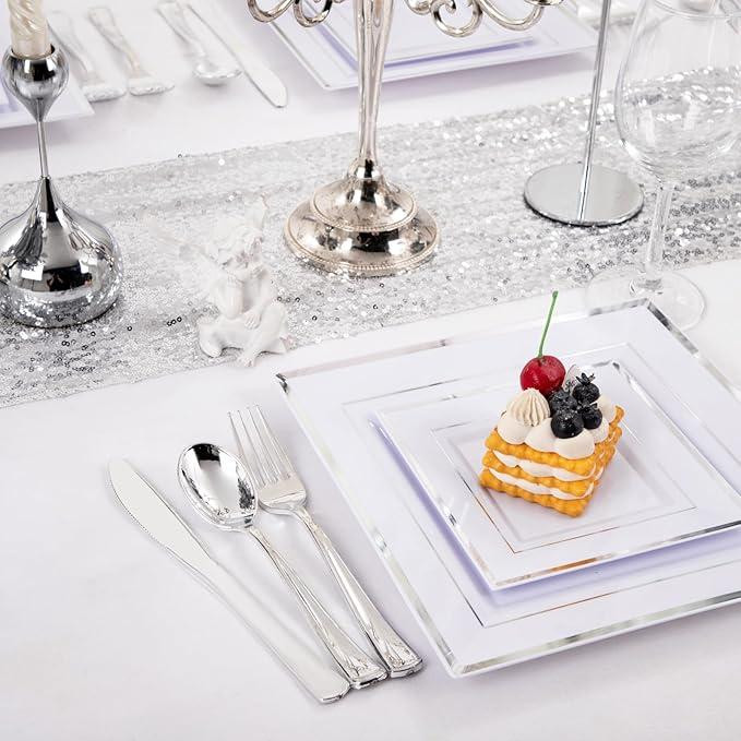 Набор тарелок пластиковых 12 шт,десертные 16.5 см и обеденные 24 см,квадратные с серебристым контуром Каменец-Подольский - изображение 4