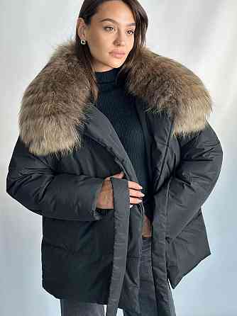 Жіночий зимовий чорний пуховик Aria Raccoon з натуральним хутром єнота Харків