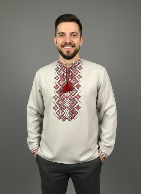 Українська чоловіча вишиванка з довгим рукавом в кольорі беж Київ - фото 1