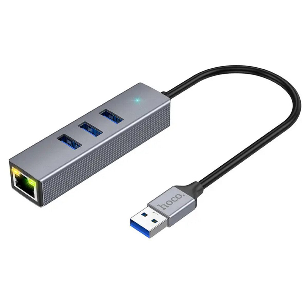 Кабель-перехiдник HOCO HB34 Easy link USB Gigabit Ethernet adapter(USB to USB3.0*3+RJ45) Metal Gray Київ - фото 1