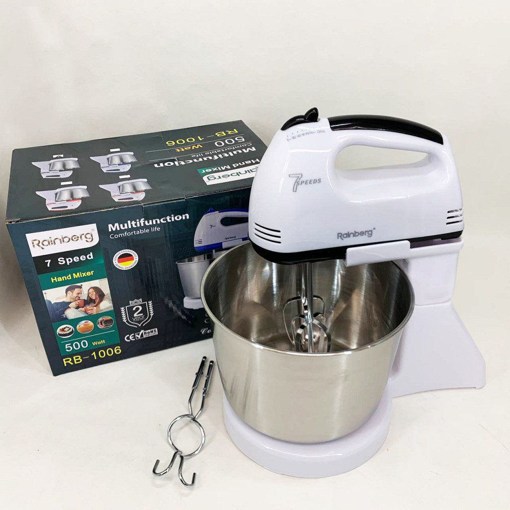 Стаціонарний електричний міксер із чашею Rainberg RB-1006 500W з насадками для замішування тіста Black MA-83 Львів - фото 18
