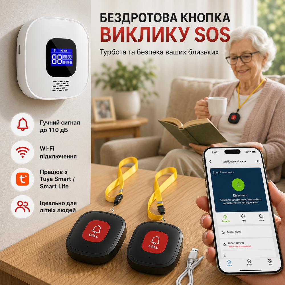 Бездротова кнопка виклику SOS НАЛАКАЛ Tuya Smart, 2 SOS кнопки + приймач, Wi-Fi, 110 дБ, пейджер для літніх людей та догляду Київ - фото 8
