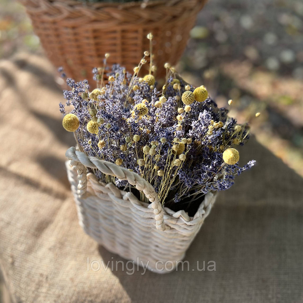 Композиция из цветов лаванды и льна в плетеной корзинке. Ирпень - изображение 2