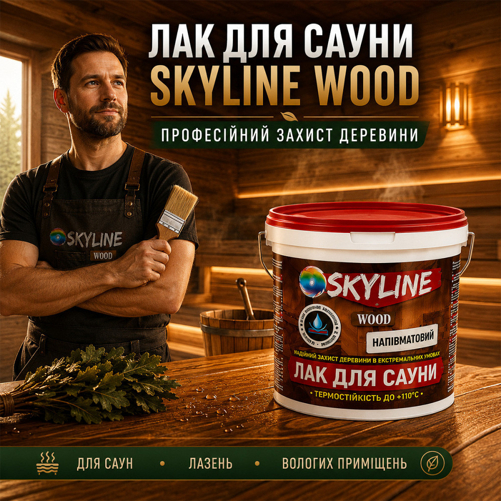 Лак для сауны SkyLine WOOD 3 л — акриловый полуматовый лак для дерева, прозрачный, без запаха, термостойкий до +110°C Харьков - изображение 10