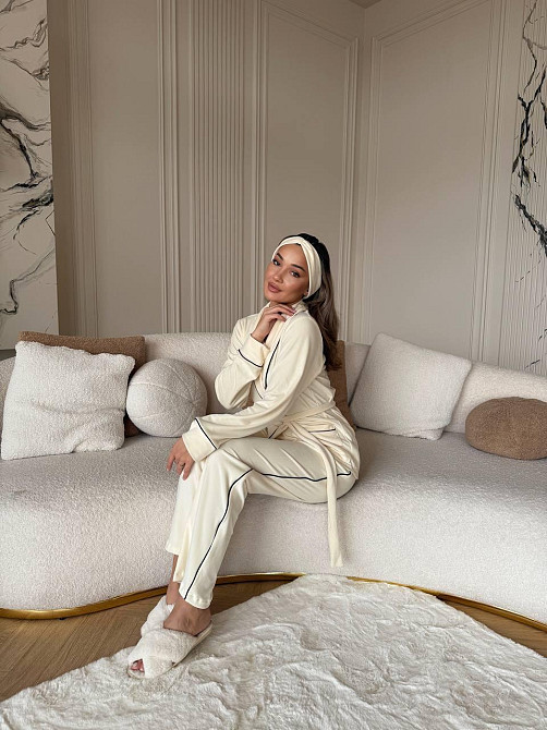 Жіноча затишна піжама: халат-кімоно, штани + пов'язка на голову велюр Молочний, 46/48 Одеса - фото 8