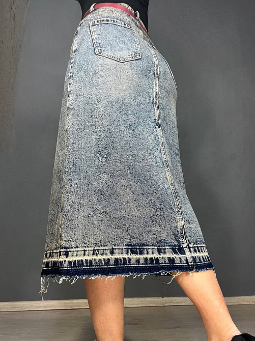 Юбка женская джинсовая ZJY 68007 разрез спереди стрейчевая ниже колена с ремнем темно-синяя, темно-синий, 33, 33, 88 см, 117 см Киев - изображение 10